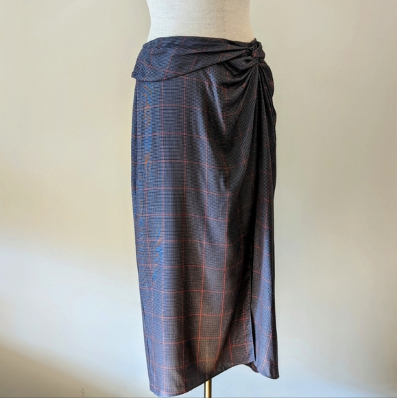 rag & bone Midi Skirt Amber Plaid Gathered Twist Waist Slit Grey Multi 6 NWT - Picture 7 of 13